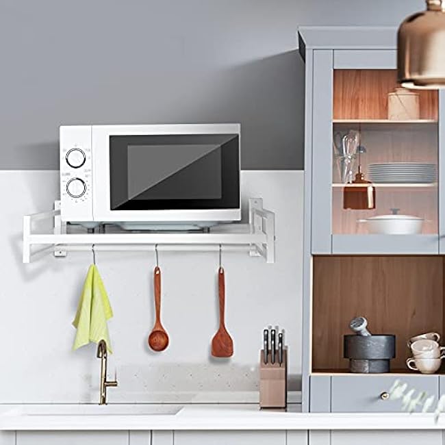 ABCOOL Wall Mount Microwave Oven Shelf Carbon Steel White with 3 Slidable Hooks