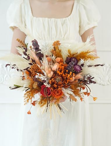 Bouquet rústico boho beige y naranja para boda miniatura 5