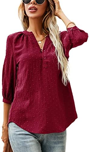 LOMON Swiss Dot Blouses for Women Relaxed-Fit Cute 3/4 Sleeve V Neck T-Shirts Blouse Tops (Red, L)