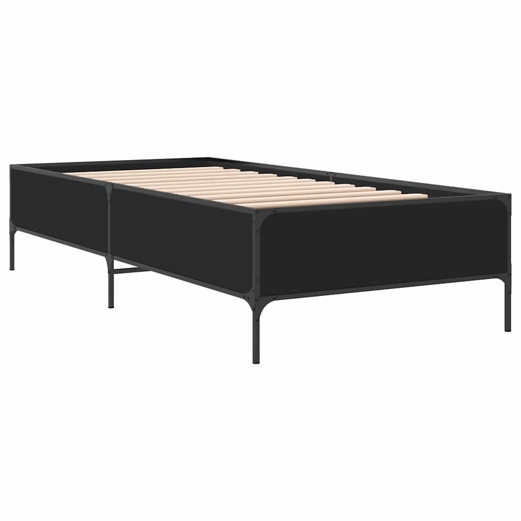 Drewnopochodny z metalowymi nogami stabilna rama 90x200 cm czarny | Rama łóżka 90x200 czarna z drewnopochodnego materiału i metalu, stabilna stelaż pod materac z listwami ze sklejki, wzmocnione