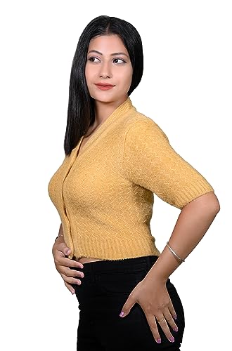 Image of Kuku Hosiery Designer V Neck Half Sleeves Saree Blouse & Crop Sweater for Women| Crop Winter top|Winter wear for Adult Girls /Women