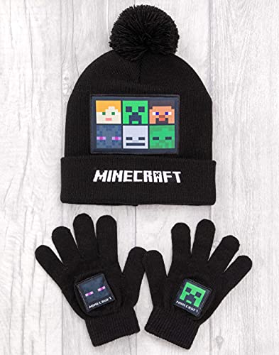 Minecraft Bobble Hat Gloves Scarf Set Kids | Boys Girls Black Knitted Beanie Hand Warmer One Size | Creeper Steve Skeleton Characters | Game Gift Merchandise4