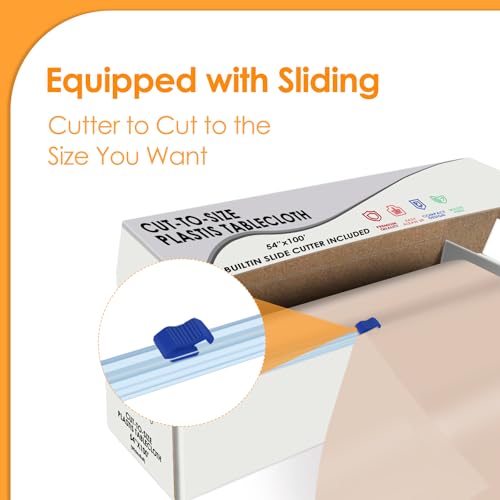 Image of tujol Beige Disposable Plastic Table Cloth Roll 54 inch X 100', Plastic Table Cover with Cutter Box, Cut to Size Disposable Tablecloth for Parties