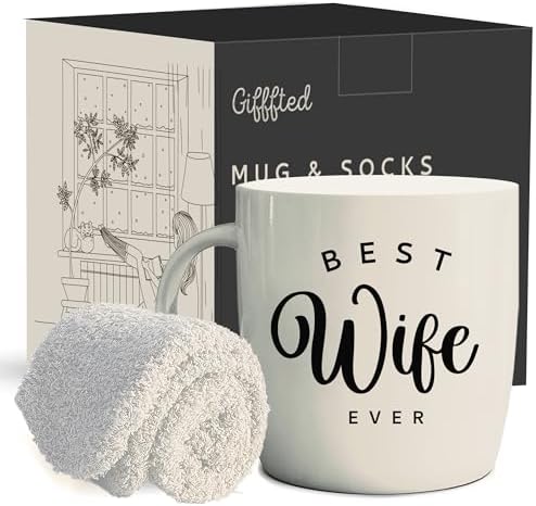 Triple Gifffted Worlds Best Wife Ever Coffee Mug and Socks Gifts For Women From Husband For Valentines For Her Birthday Wedding Anniversary Christmas Mothers Day, Ceramic, Cream, 380ML