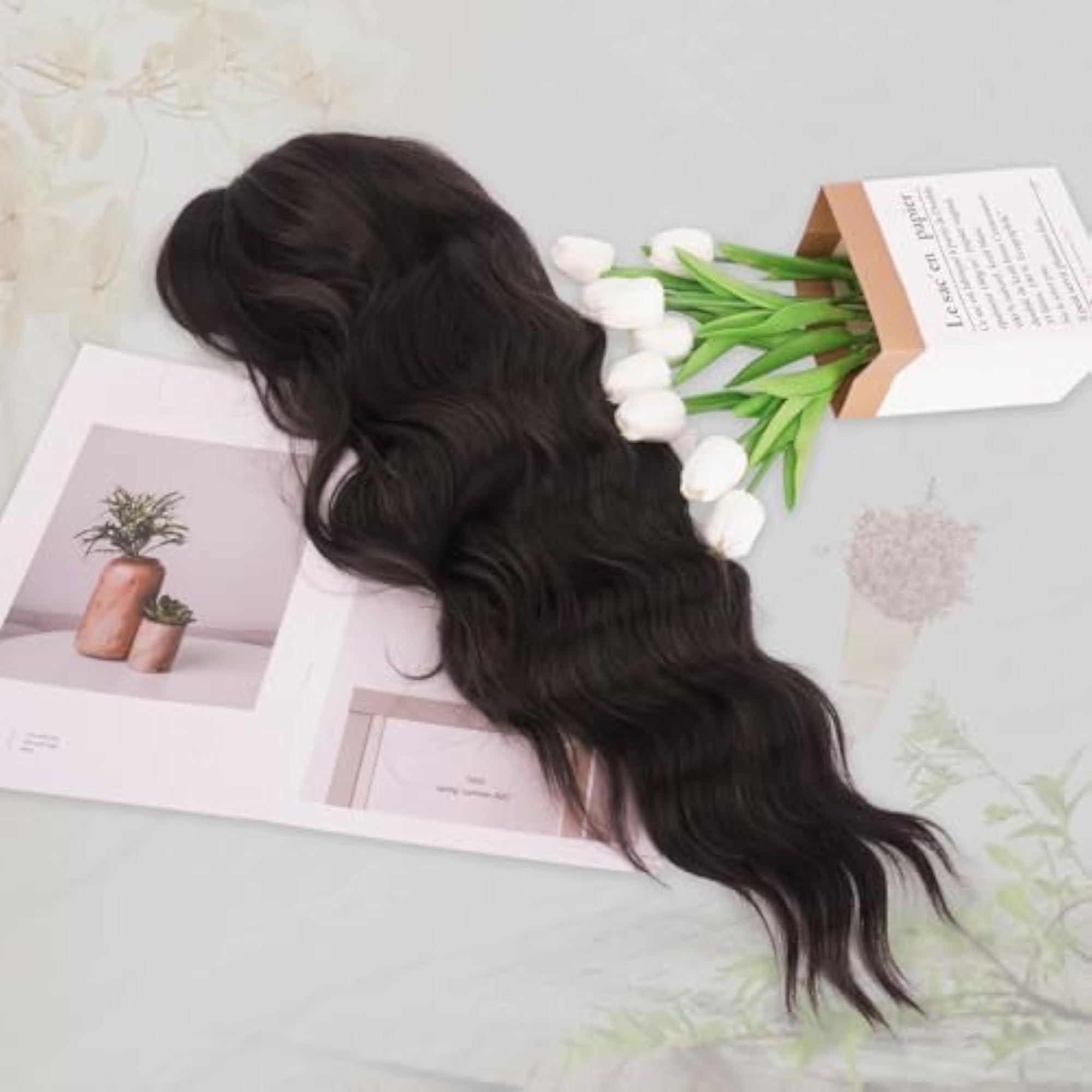 Women's Long Wavy Brown Wig with Bangs, 30 Inches