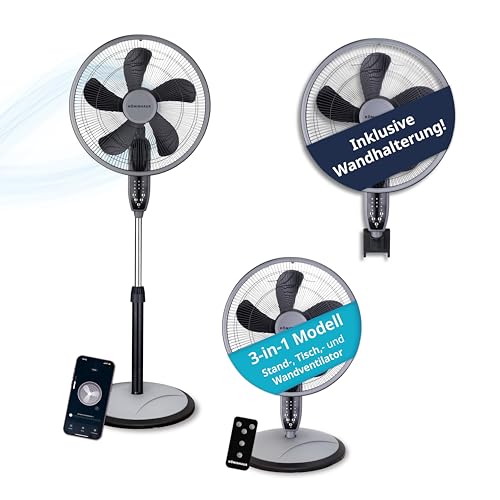 Könighaus 3-in-1 Ventilator – Stand-, Tisch- & Wandmontage | WLAN Smart Home (Alexa, Tuya) | Fernbedienung | Oszillierender Standventilator | Timer...