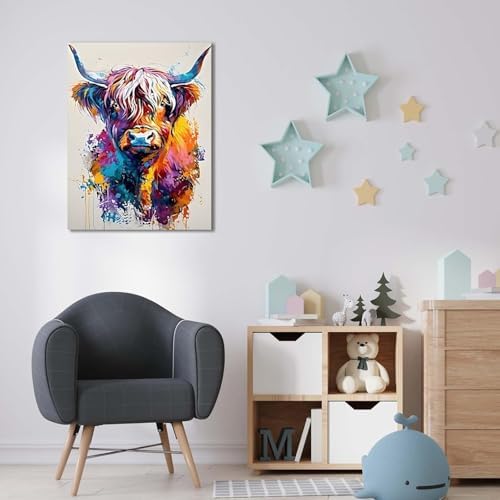 Lienzo de vaca de las Tierras Altas multicolor obra abstracta de 55x75 cm sin marco 2