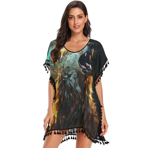 Abstract Angry Wolf Yellow Space Women's Beach Cover Up Chiffon Tassel Swimwear Swimsuit Coverups for Girl