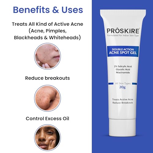 Proskire Double Action Acne Spot Gel for Pimples, Blackheads & Whiteheads | Salicylic Acid, Glycolic Acid & Niacinamide Gel for Oil Control & Clear Skin | 20g