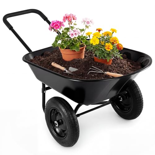 Giantex 2 Tire Wheelbarrow Yard Garden Cart Heavy Duty Landscape Wagon for Outdoor Lawn Use Utility Hauling Cart 330Lbs Load Capacity, Black