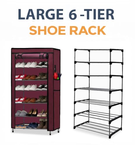 Image of Metal Shoe Stand with Cover, 6 Tier Shoe Organizer for Home & Office - Maroon