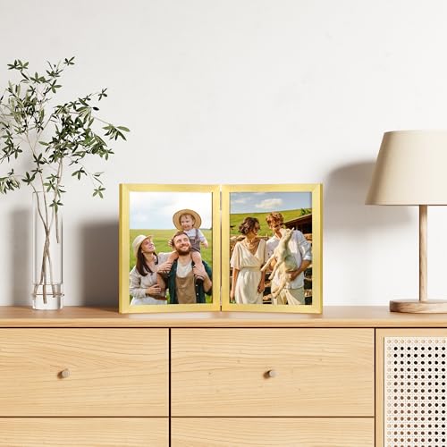 decorUhome Double 8x10 Picture Frame Vertical, Engineered Wood Bifold Photo Frame with Plexiglass for Tabletop Display, 8x10, Gold
