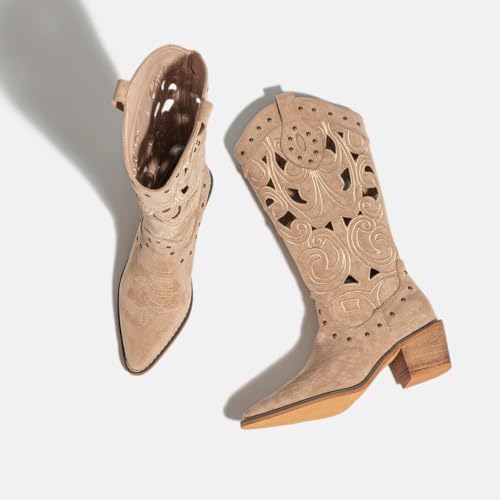 Women's Suede Hollow Out Western Boots Pointed Toe Block Heel Embroidered Cowboy Boot Studded Mid-Calf Boot for Women4