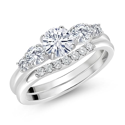 Gem Stone King 10K White Gold White Customized and Personalized 5MM and 3MM Round Gemstone Birthstone and White Lab Grown Diamond 5 Stone Bridal Engagement Wedding Ring Set For Women3