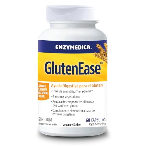 Enzymedica, Glutenease, Indicado Contra Gluten y Caseína, Fórmula Enzimática que Reduce los Gases, Mejora la Absorción de Nutrientes, Sin Gluten, Sin Lácteos, Vegano, 60 Cápsulas
