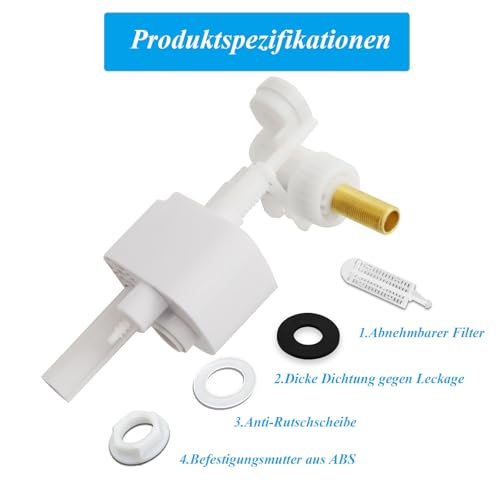 Mendorio Seitlicher Spülkasten Füllventil, G3/8 Universelles Schwimmerventil, Höhenverstellbarer Schwimmer, Messinganschluss und Abnehmbarer Filter – WC Spülkasten Ersatzteile