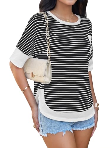 Yousify Womens Striped T-Shirts Summer Short Sleeve Tops Casual Loose Fit Crew Neck Tee Shirts — view 4