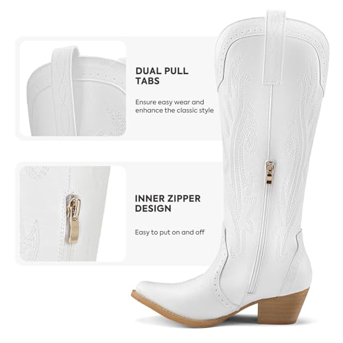 Image of Rollda Cowboy Boots for Women Cowgirl Boots Embroidered Knee-High Western Boots Pointy Toe with Chunky Heel