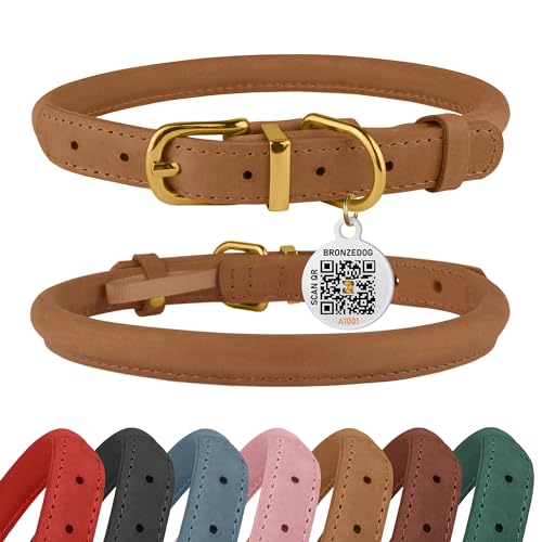 BRONZEDOG Collar de cuero enrollado para perro con placa de identificación por QR ajustable, collares redondos suaves para perros pequeños, medianos y grandes, cachorros y gatos (marrón claro, 28-36