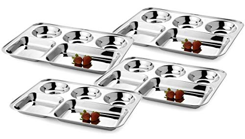 IndiaBigShop Pack of 4 Stainless Steel Rectangular Thali Plate, 5 compartment Thali, Mess Trays, Kids Lunch and Dinner or Every Day Use