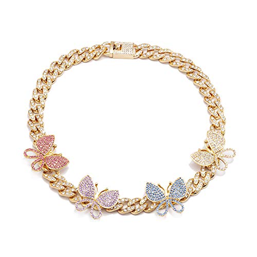 yfstyle Cuban Link Chain for Women Rhinestone Inlaid Butterfly Necklaces Iced Out Cuban Link Choker Necklace Bling Miami Chain Hip Hop Jewelry Gift-Gold Chain Colorful Butterfly