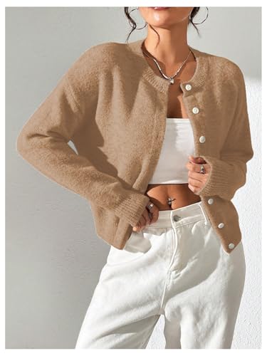 Image of SweatyRocks Women's Fall Button Down Lightweight Cardigan Ribbed Knit Long Sleeve Crew Neck Sweater