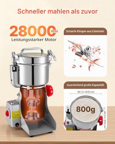 Foto von VEVOR Elektrische Getreidemühle 800 g, Getreidemühle 2100 W Edelstahl, Gewürzmühle für Trockenes Getreide Gewürze Müsli Kaffee Mais Pfeffer, Schwenktyp Pulverisiermaschine 220x190x375 mm