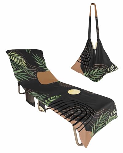 Boho Geometric Beach Chair Towel Covers for Chaise Lounge with Side Pocket, Soft Plush Pool Towels Cover for Patio Sunbathing Outdoor 29''x85'' Abstract Watercolor Eucalyptus Leaves