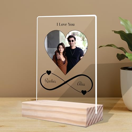 Image of Giftplease Customized Photo And Text Frame With Wooden Stand | Personalised Printed Photo Frame | Gift | Birthday | Anniversary (Transparent, 5MM, 6 * 8 Inches), Tabletop