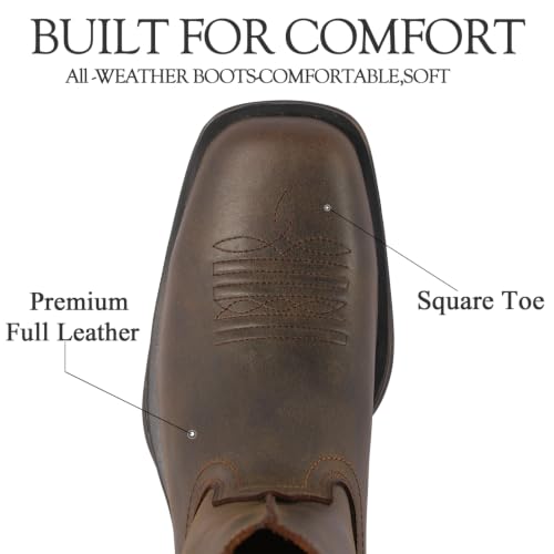 Image of SUREWAY Western Boots - Men's Square Toe Work Boot,Pull On Leather Wellington Boots,Durable Classic Slip Resistant Soft Toe Cowboy Boot