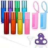 8 pcs Ätherische Öle Roller Flaschen,Glas Roller Flaschen,Roller Flaschen Glas Roll-on Flaschen,Multicolor Glasflaschen für Ätherische Öle,Silikon Roller Flaschenhalter,Glas Roll-on Flaschen 10ml