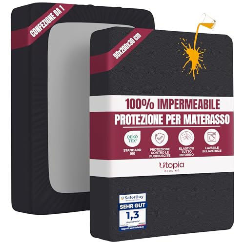 Utopia Bedding Coprimaterasso Singolo Impermeabile 90 x 200 x 30 cm, Certificato OEKO-TEX, Proteggi Materasso, Traspirante, Lavabile, Stile Montato Tutto Intorno Elastico Nero