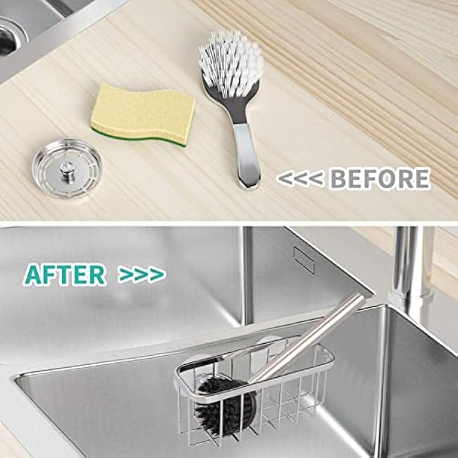Kitchen Sink Sponge Holder Drainage Rack with Suction Cup Stainless Steel Storage Shelf for Sink Countertop Wall