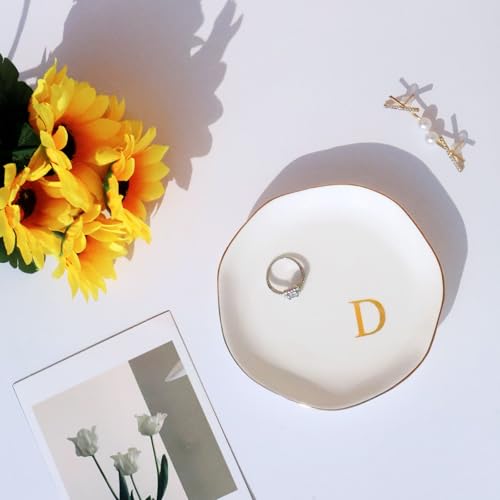 Image of Ceramic Jewelry Tray Initial Ring Dish Personalized D-Monogrammed Engagement Wedding Gifts, for Birthday Mother's Day Christmas for Women, Ceramic White 4.75 inch (D)