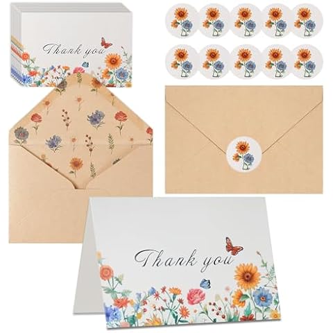 Runyanofamily 10PCS Wildflower Design Thank You Cards with Kraft Envelopes - Perfect for Wedding, Baby Shower, Bridal Shower and Graduation Cover