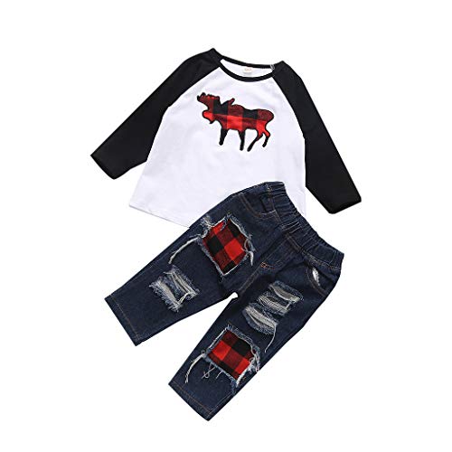 Baby Boys Girls 2Pcs Outfits Christmas Clothes Set for 1-5T Little Kids Toddler Deer Long Sleeve T-Shirt Tops+Ripped Denim Pants (Black, 2-3 Years Old)