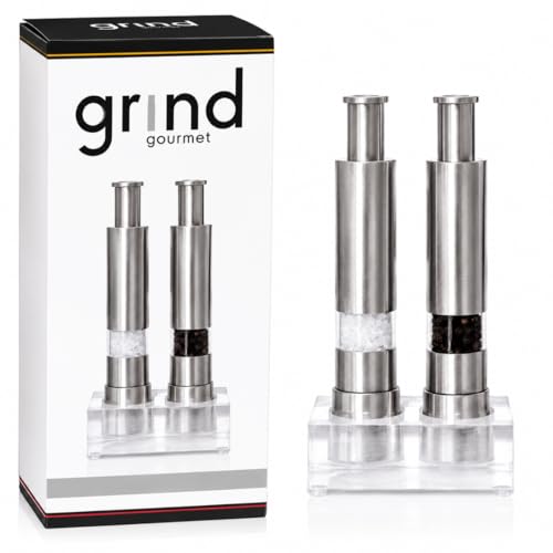 Grind Gourmet Salt and Pepper Grinder Set, Original Pump & Grind Peppermill are Refillable, Modern...