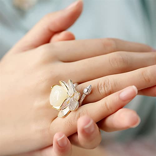 Bague en argent sterling et jade Hetian naturel : lotus artisanal style rétro - 6