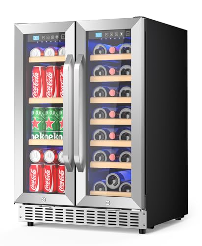 EORICE 24 Inch Under Counter Beverage Refrigerator, 21 Bottle & 60 Cans Dual Zone Wine Refrigerator with Glass Door, Beverage and Wine Fridge with Temperature Range 35-50â„‰ & 41-64â„‰