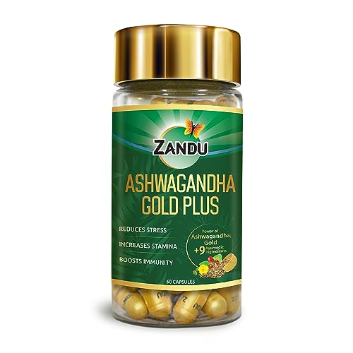 Zandu Ashwagandha Gold Plus, Made with Gold, Ashwagandha, Safed Musli, Shilajit & Other Ayurvedic Ingredients, Helps to Boost Stamina, Strengthens Immunity, 60 Caps