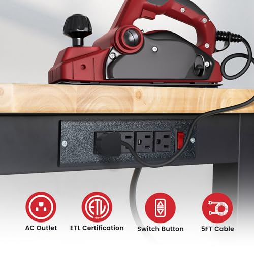 48 Inch Work Table for Garage Adjustable Height Rubber Wood Tabletop Workbench with Storage Work Bench Table with Power Outlets Pegboard Pad for Woodworking Shop Home Office