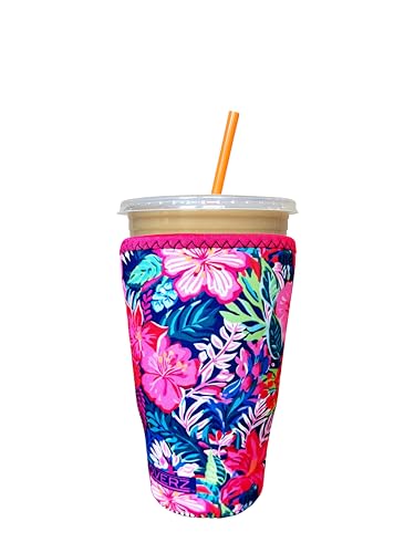 Image of Iced Coffee Sleeve, Insulated Neoprene Cup Sleeve, Fits a 32 Oz. Coffee Cup, Washable and Reusable, Iced Coffee Accessories, Large Hibiscus