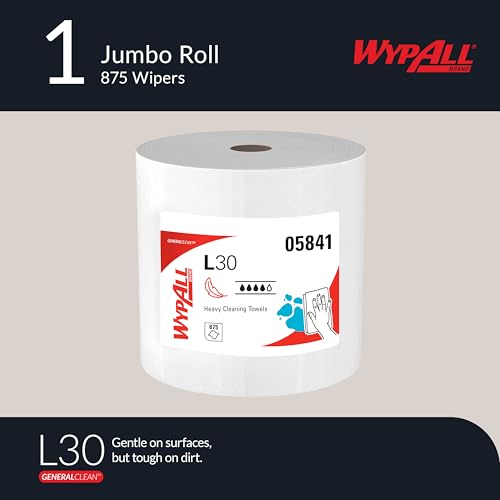 Image of WypAll GeneralClean L30 Cloths Heavy Duty Cleaning Wipes, Jumbo (05841), Strong and Soft Bulk Paper Wipers, White (1 Roll of 875 Sheets)