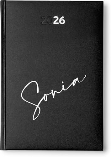 PROMO-SHOP - Agenda Negra 2026 Personalizada con tu Nombre, Tapa Dura Acolchada de Polipiel, 12 Meses, Página por día de Lunes a Viernes, Mapa de España, Tamaño A5, Marca-páginas incluido