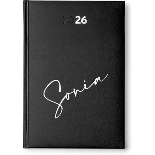 PROMO-SHOP - Agenda Negra 2026 Personalizada con tu Nombre, Tapa Dura Acolchada de Polipiel, 12 Meses, Página por día de Lunes a Viernes, Mapa de España, Tamaño A5, Marca-páginas incluido