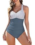 FemiChic Bañadores para Mujer Reductores Barriga Vientre Plano Tallas Grandes Trajes de Baño Una Pieza Natacion Sexy Push Up Bañador(Rayas Azules,L)