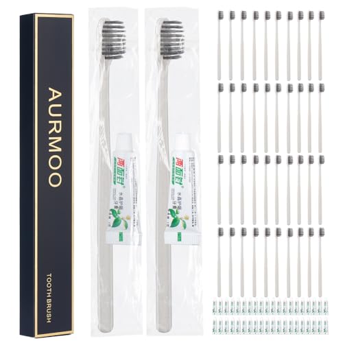AURMOO 40 Cepillo de Dientes Desechable, Cepillos de Viaje con Pasta de Dientes, Cepillos de Dientes Desechable, Toothbrushes para Hoteles, Campamentos y Viajes, Empaquetados Individuales.