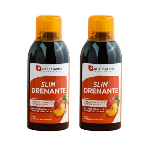 Duplo Slim drenante: complemento alimenticio que asocia reina de los prados, hibiscos, rabillo de cereza, té verde y CactineaTM. Fitotrío de guayaba, alga aosa y genseng. Sabor melocotón