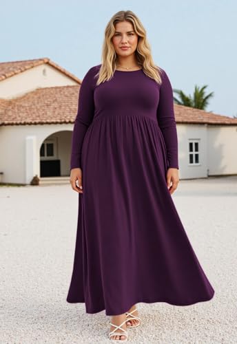 Image of Nemidor Plus Size Maxi Dress for Curvy Women Fall Casual Loose Long Sleeve Dresses with Pocket 14-26