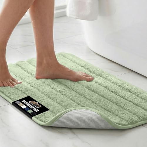 Image of GORILLA GRIP Memory Foam Bathroom Rugs, Soft Absorbent Textured Rubber Backing Striped Bath Mat, Machine Washable Quick Dry Cushioned Floor Mats, Shower Rugs Home Decor Accessories, Sage 30x18